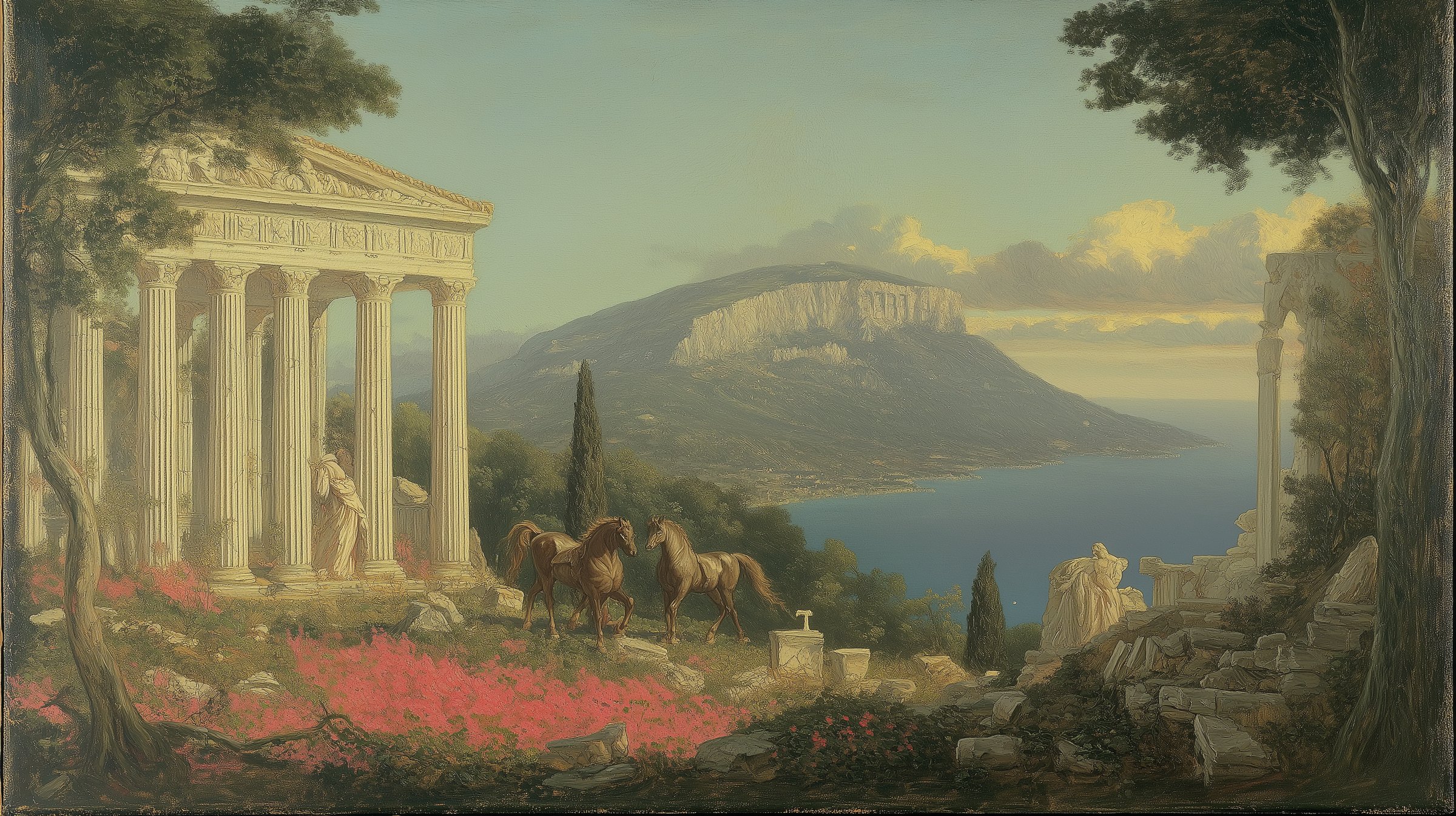 Classical landscape painting of Mount Pelion — home of the centaur Chiron — with a ruined temple and two horses above the Aegean