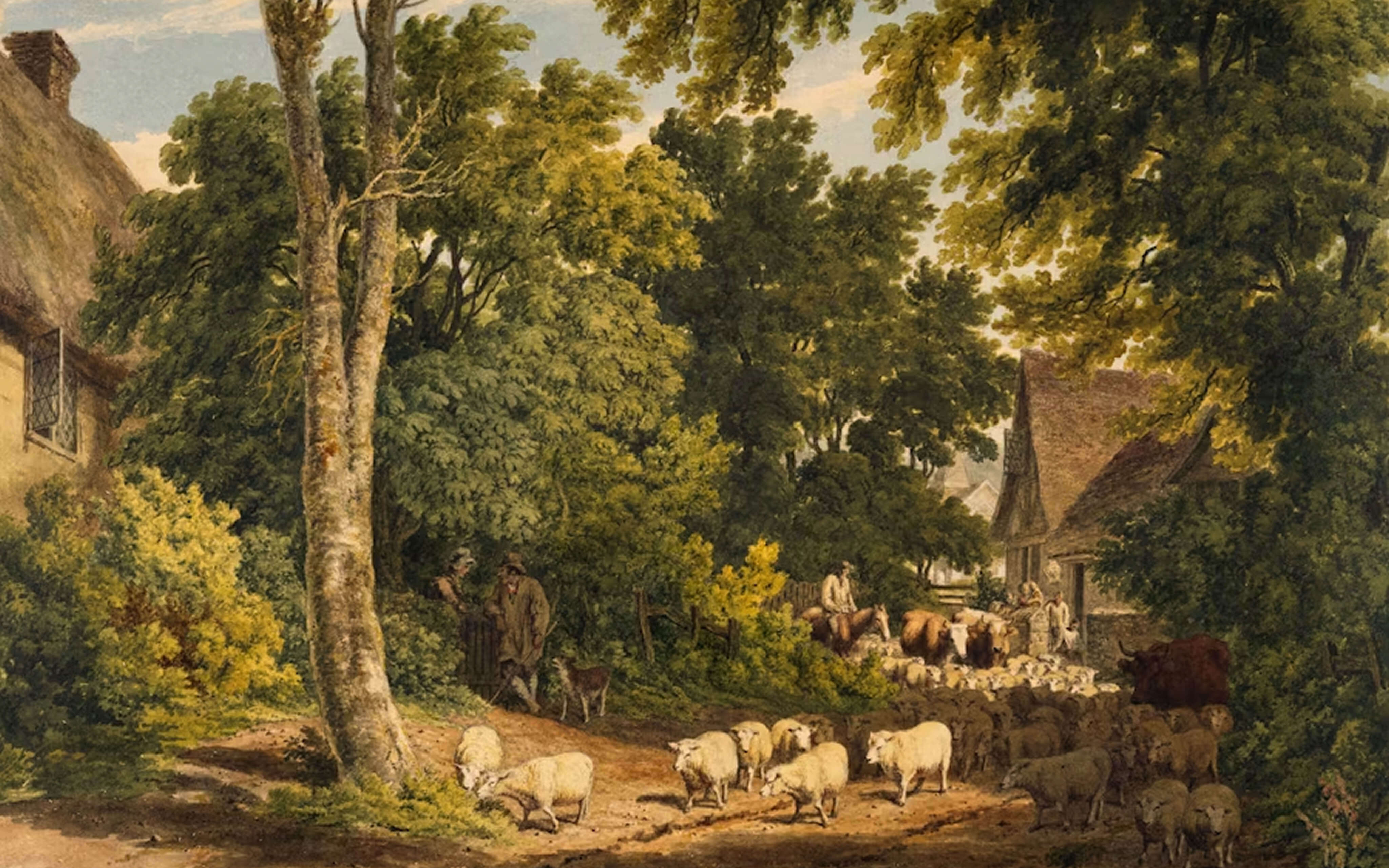 A 19th century painting of a flock of sheep being herded, by Robert Hills