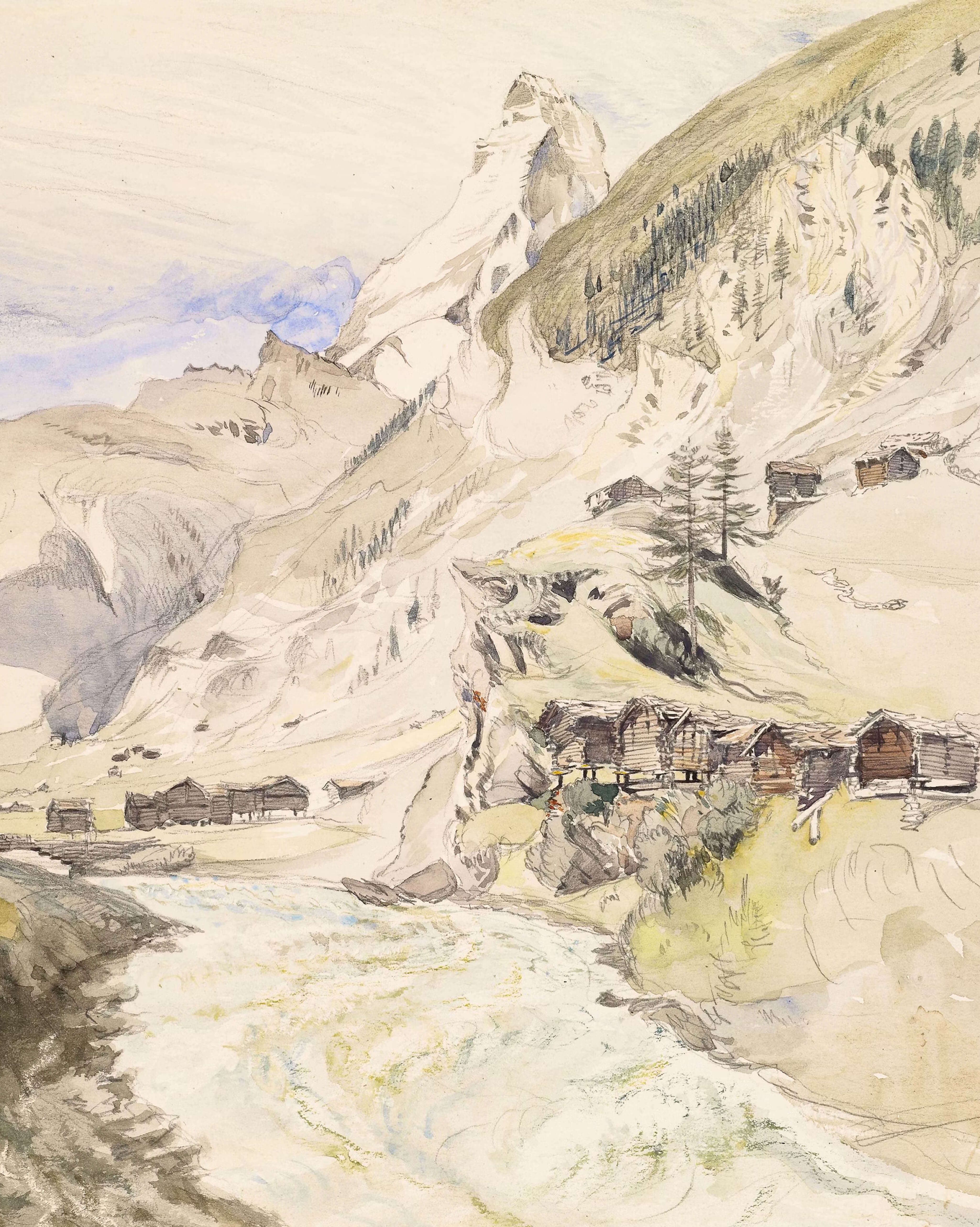 A painting of an Alpine Valley, with the Matterhorn in the Distance, by John Ruskin