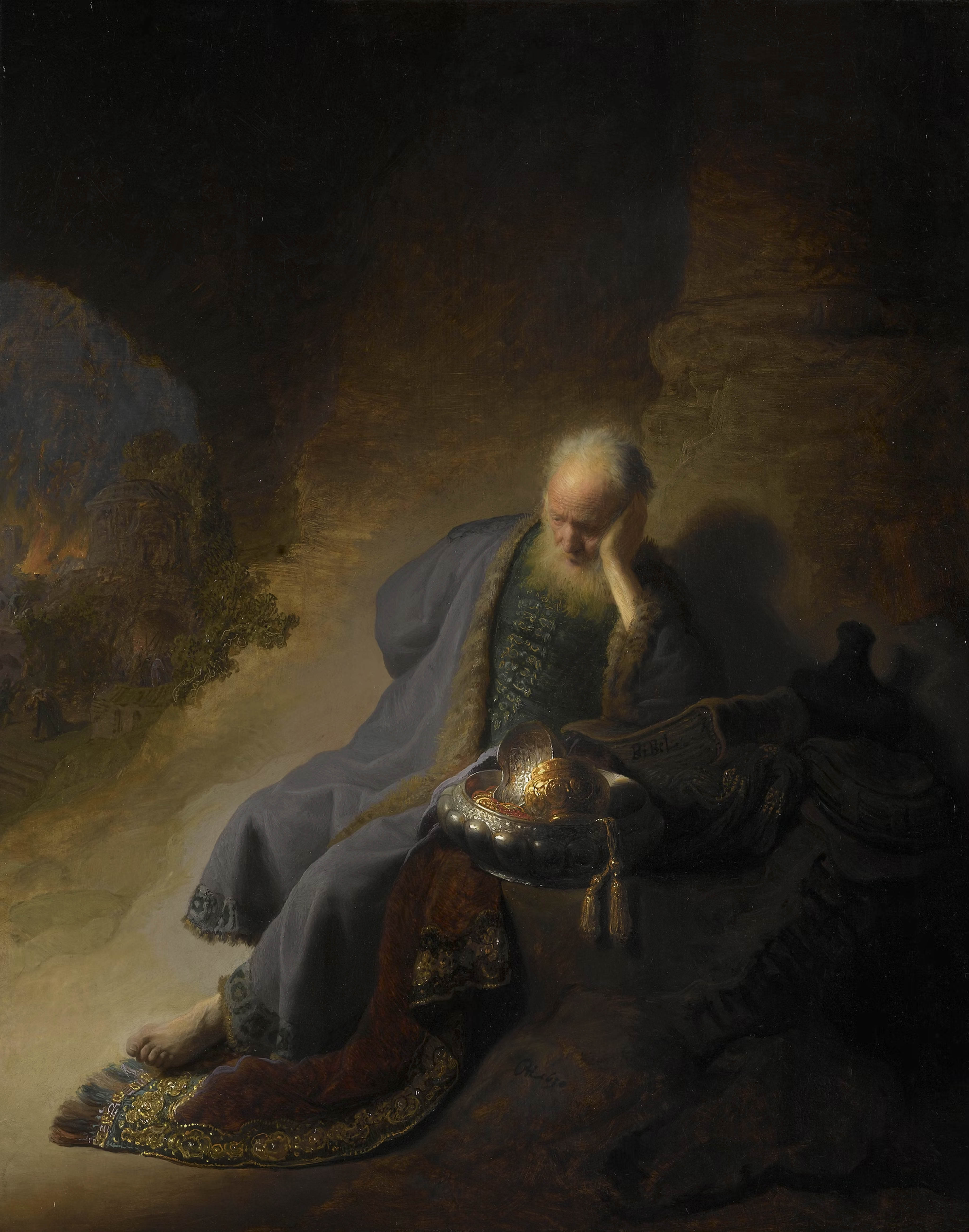 A 17th century painting of Jeremiah Lamenting the Destruction of Jerusalem, by Rembrandt.